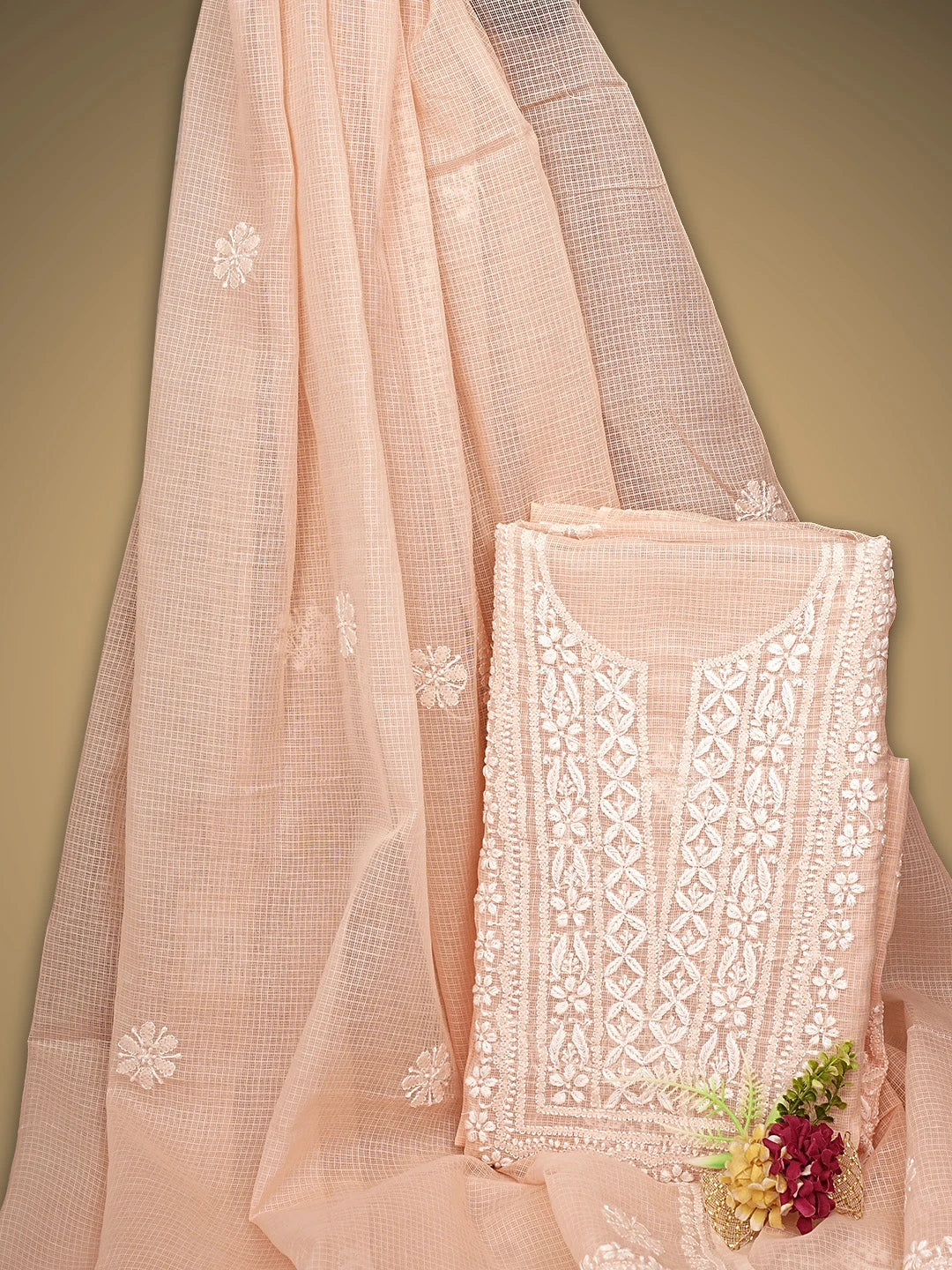 Ada Hand Embroidered Peach Kota Lucknowi Chikankari Unstitched Kurta Dupatta Set 01A892908