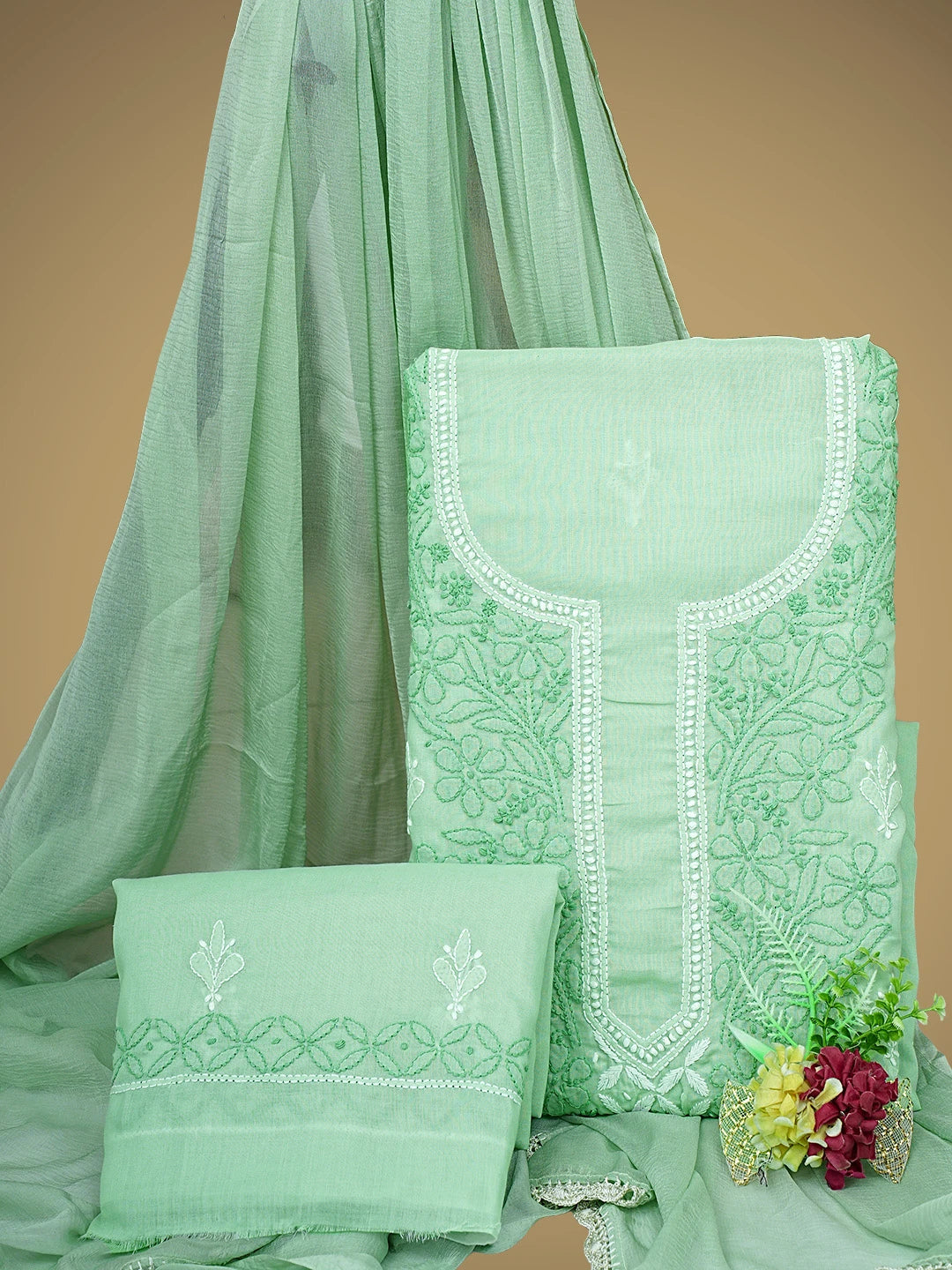 Ada Hand Embroidered Light Green Cotton Lucknowi Chikankari Unstitched Suit Piece with Chiffon Dupatta 01A943494