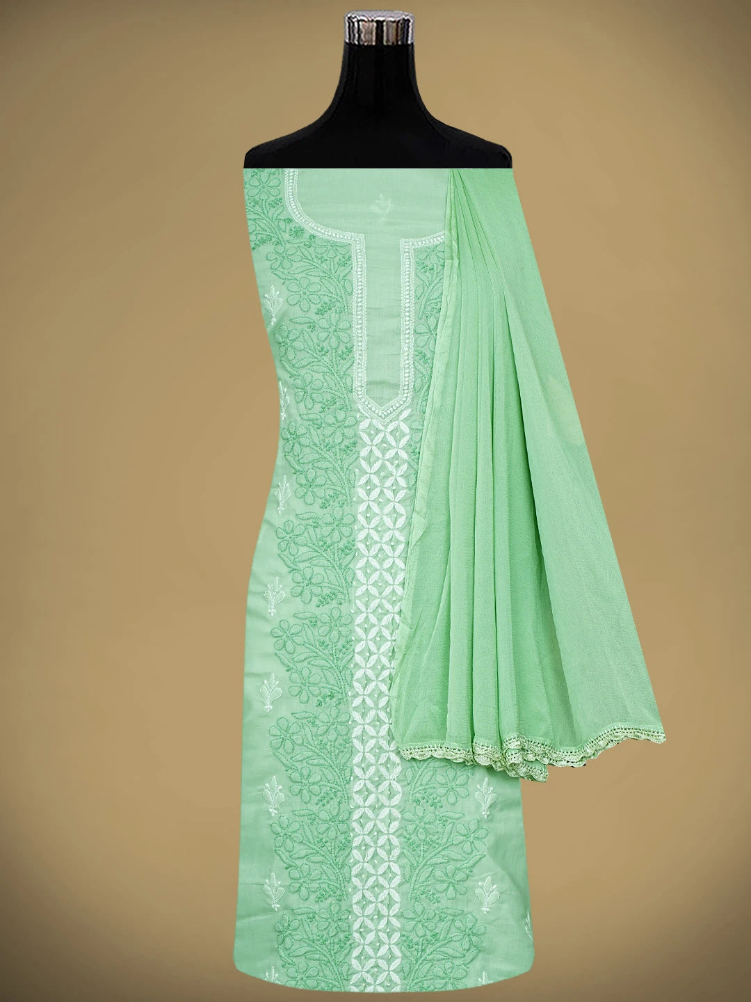 Ada Hand Embroidered Light Green Cotton Lucknowi Chikankari Unstitched Suit Piece with Chiffon Dupatta 01A943494