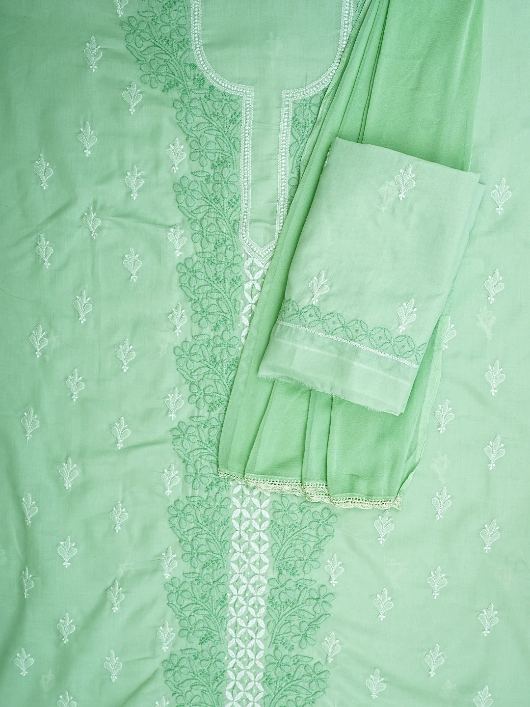 Ada Hand Embroidered Light Green Cotton Lucknowi Chikankari Unstitched Suit Piece with Chiffon Dupatta 01A943494