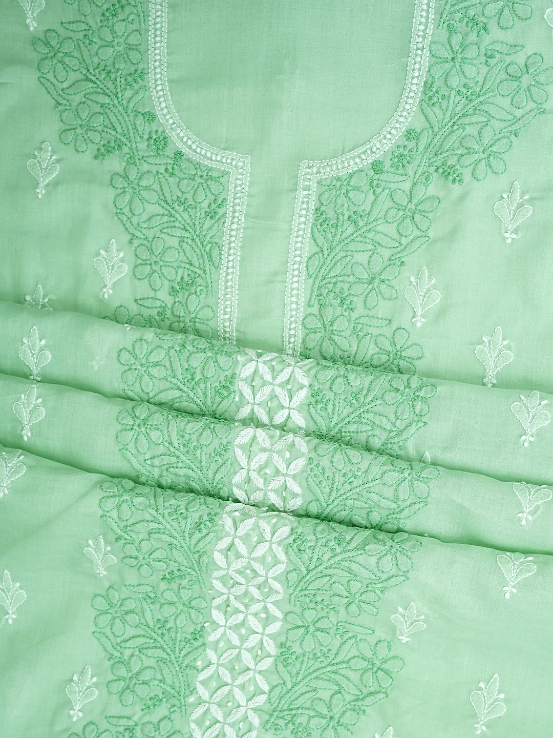 Ada Hand Embroidered Light Green Cotton Lucknowi Chikankari Unstitched Suit Piece with Chiffon Dupatta 01A943494