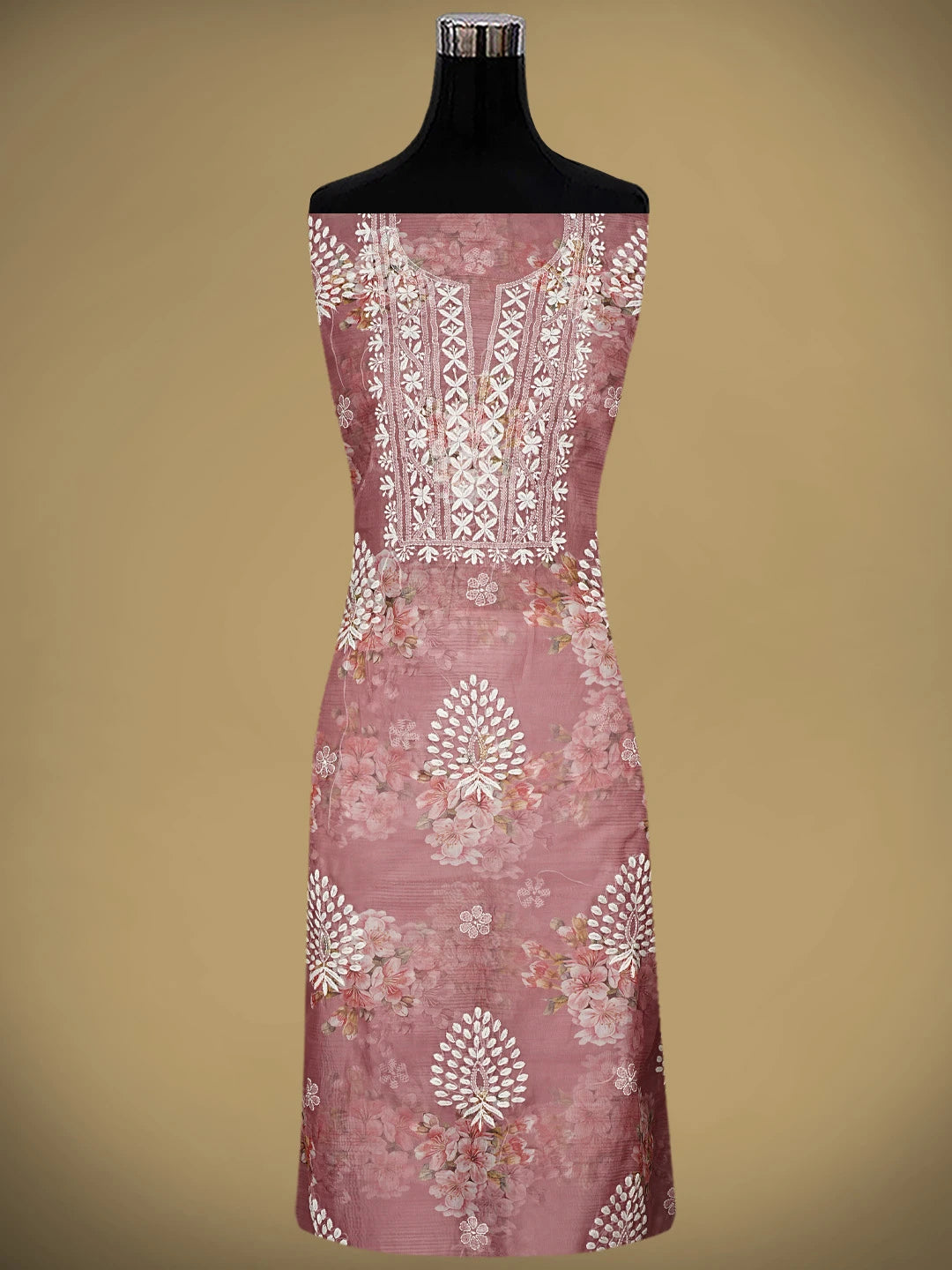 Ada Hand Embroidered Floral Printed Dusty Peach Organza Lucknowi Chikankari Unstitched Kurta Dupatta Set 01A876705