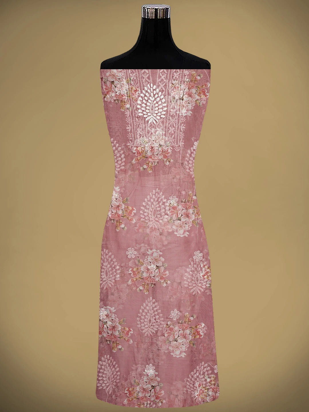 Ada Hand Embroidered Floral Printed Dusty Peach Organza Lucknowi Chikankari Unstitched Kurta Dupatta Set 01A876705