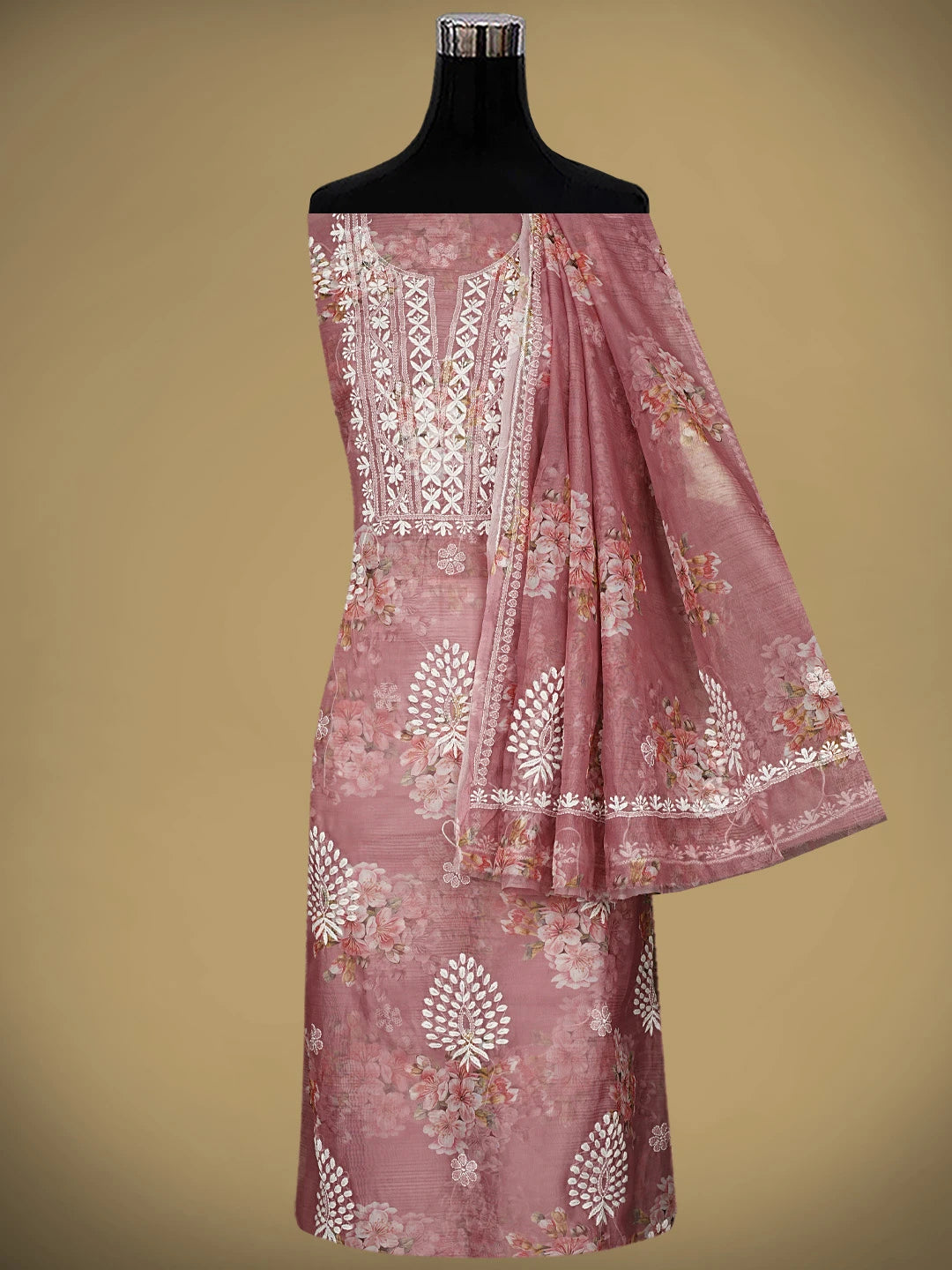 Ada Hand Embroidered Floral Printed Dusty Peach Organza Lucknowi Chikankari Unstitched Kurta Dupatta Set 01A876705