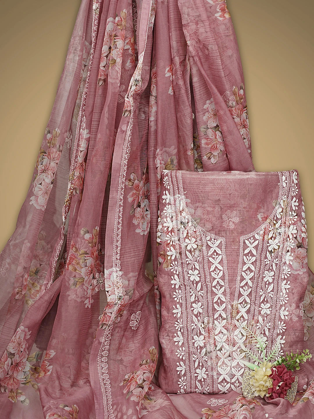 Ada Hand Embroidered Floral Printed Dusty Peach Organza Lucknowi Chikankari Unstitched Kurta Dupatta Set 01A876705