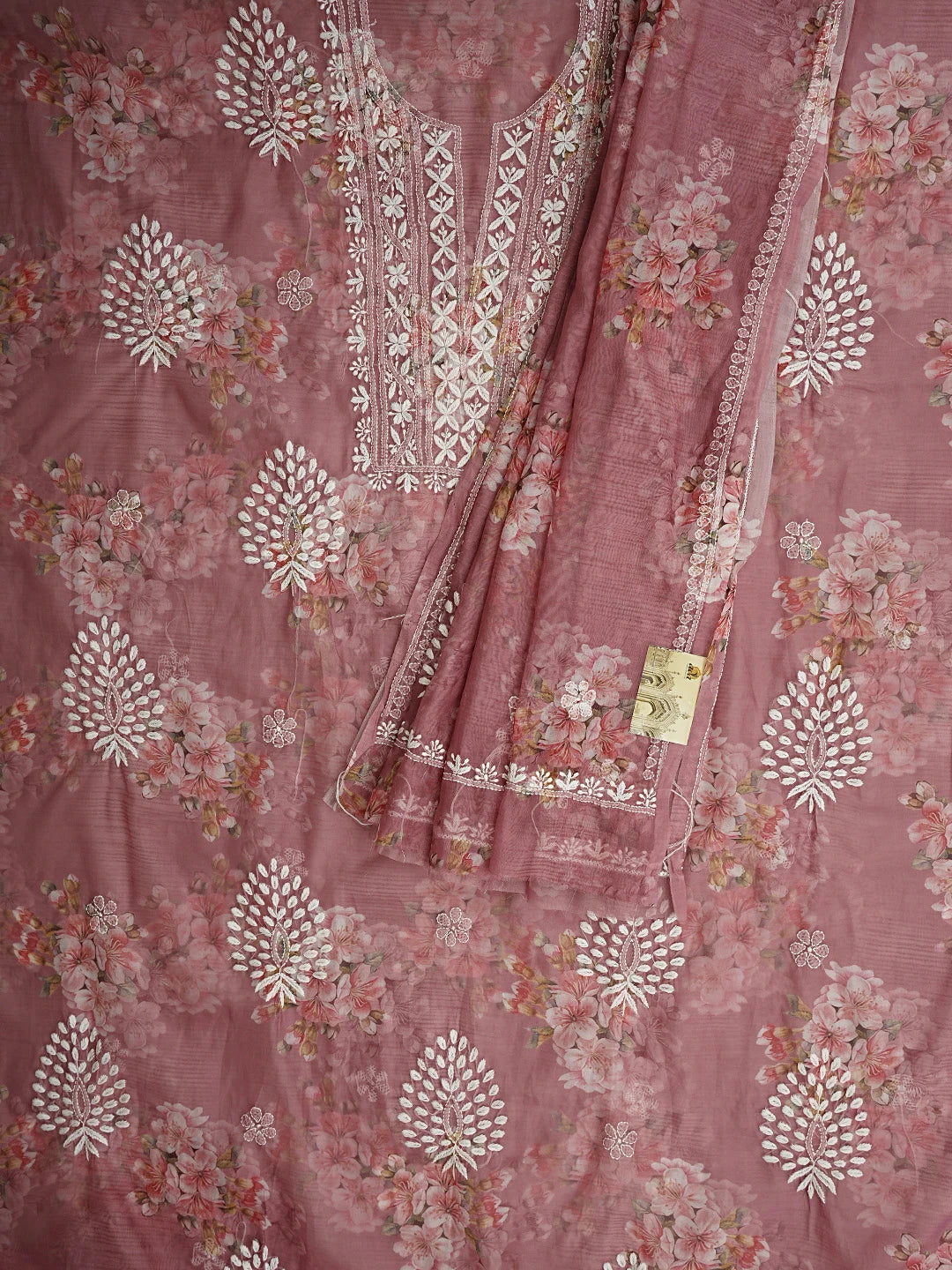Ada Hand Embroidered Floral Printed Dusty Peach Organza Lucknowi Chikankari Unstitched Kurta Dupatta Set 01A876705