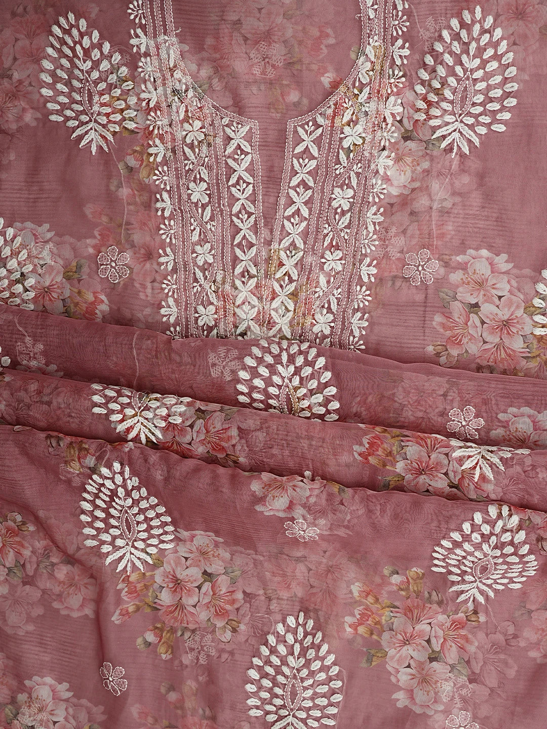 Ada Hand Embroidered Floral Printed Dusty Peach Organza Lucknowi Chikankari Unstitched Kurta Dupatta Set 01A876705
