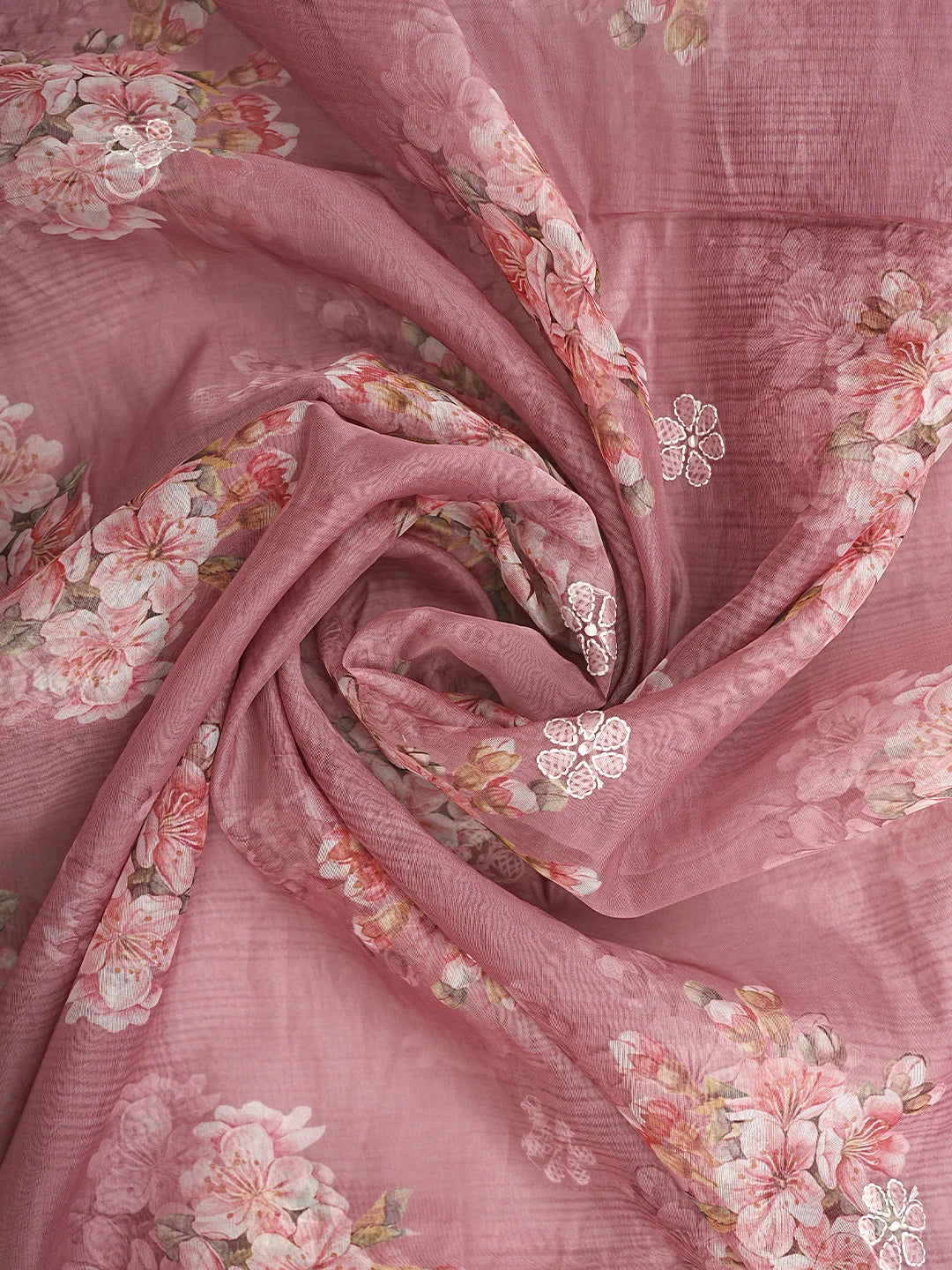Ada Hand Embroidered Floral Printed Dusty Peach Organza Lucknowi Chikankari Unstitched Kurta Dupatta Set 01A876705