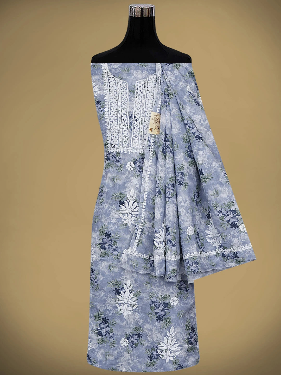 Ada Hand Embroidered Floral Printed Blue Cotton Lucknowi Chikankari Unstitched Kurta Dupatta Set 01A898204
