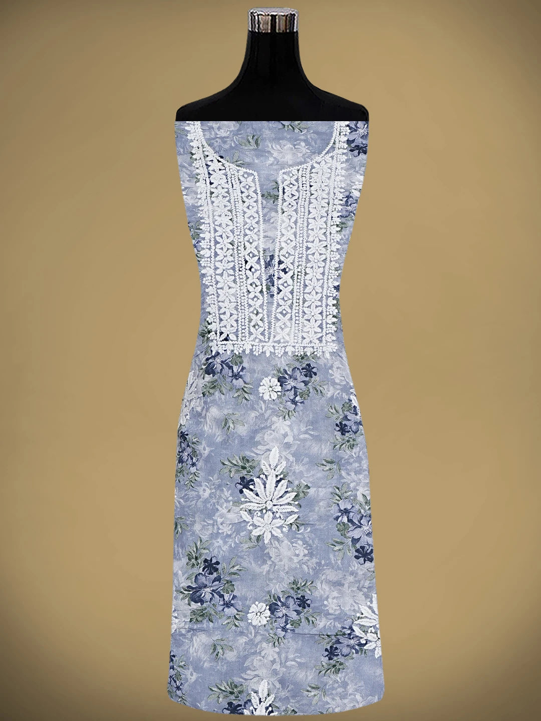 Ada Hand Embroidered Floral Printed Blue Cotton Lucknowi Chikankari Unstitched Kurta Dupatta Set 01A898204
