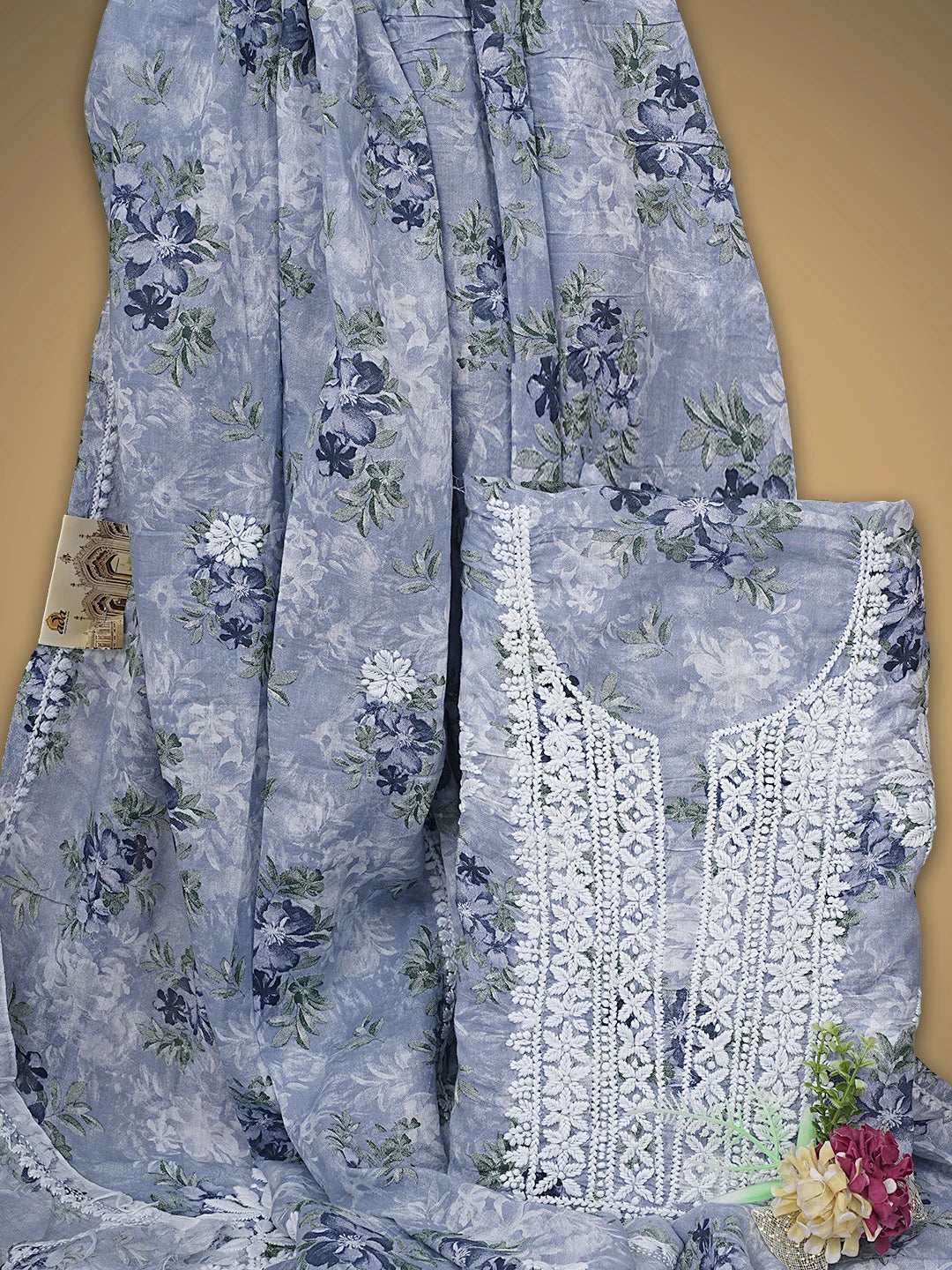 Ada Hand Embroidered Floral Printed Blue Cotton Lucknowi Chikankari Unstitched Kurta Dupatta Set 01A898204