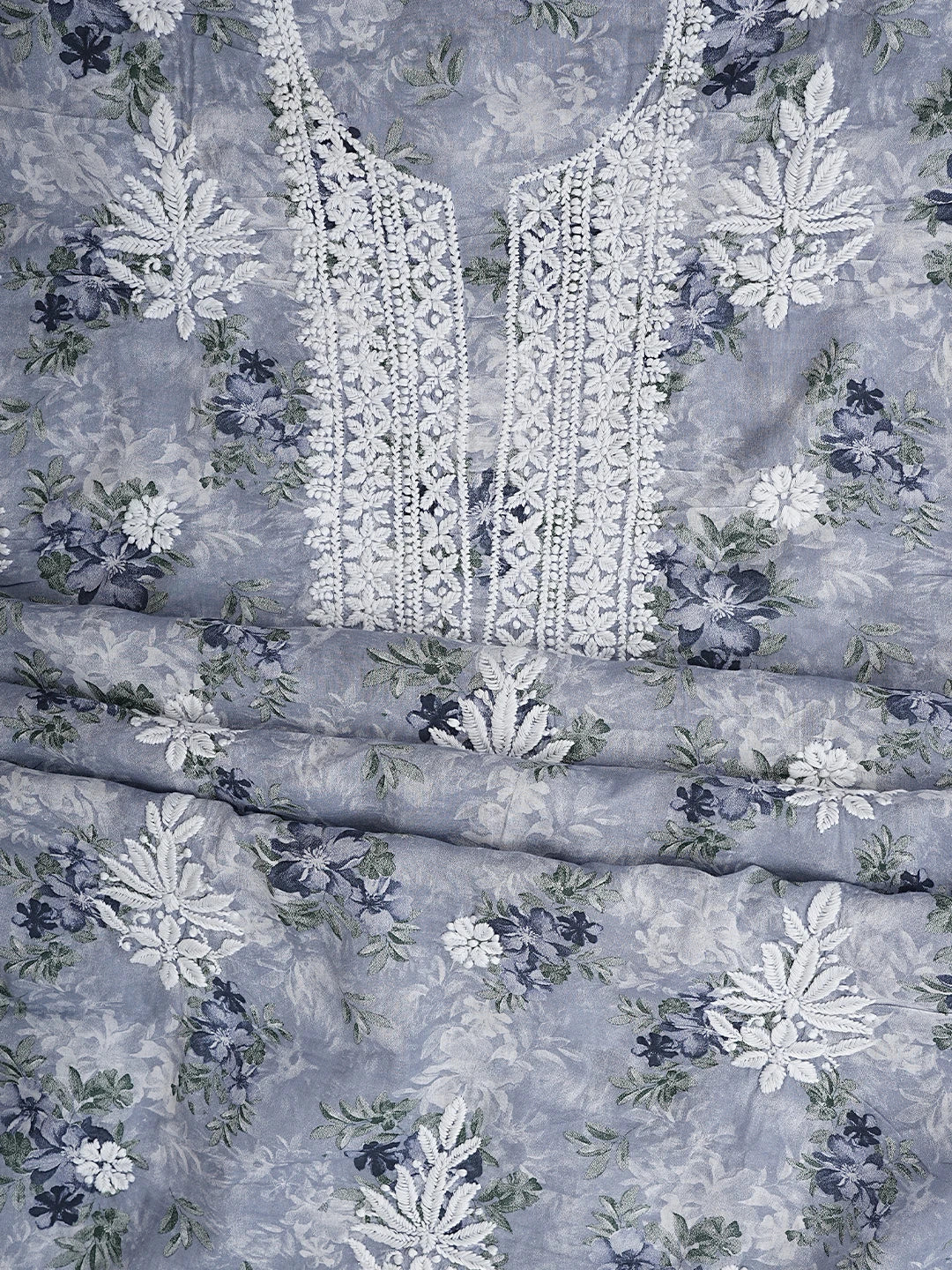 Ada Hand Embroidered Floral Printed Blue Cotton Lucknowi Chikankari Unstitched Kurta Dupatta Set 01A898204