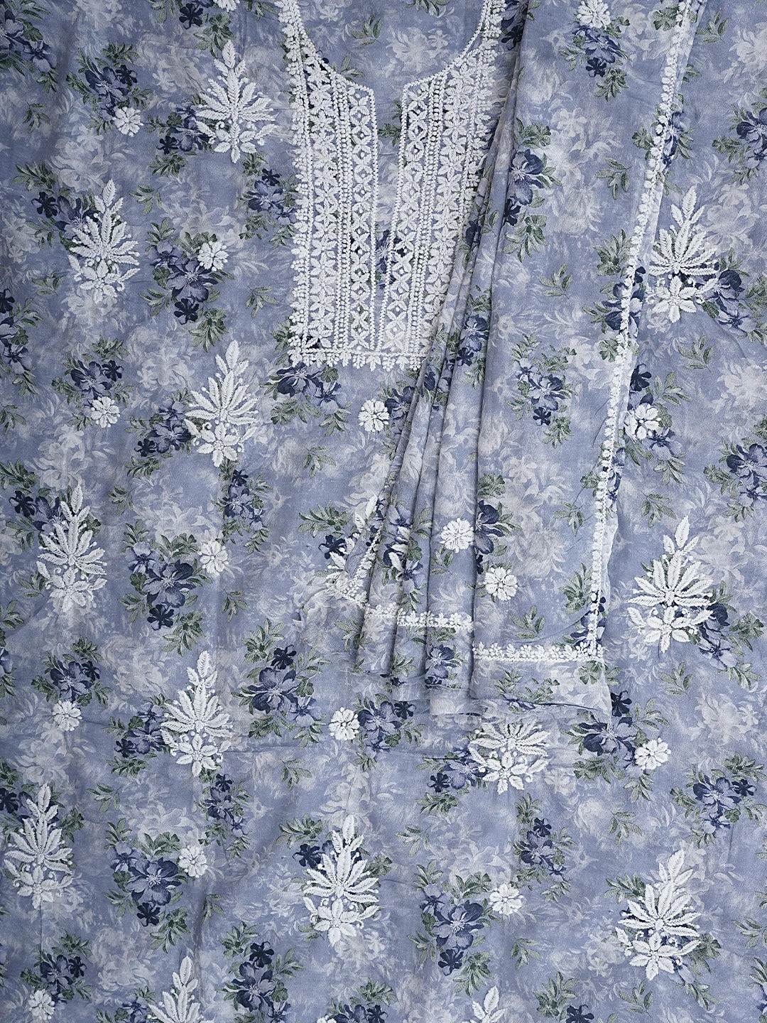 Ada Hand Embroidered Floral Printed Blue Cotton Lucknowi Chikankari Unstitched Kurta Dupatta Set 01A898204