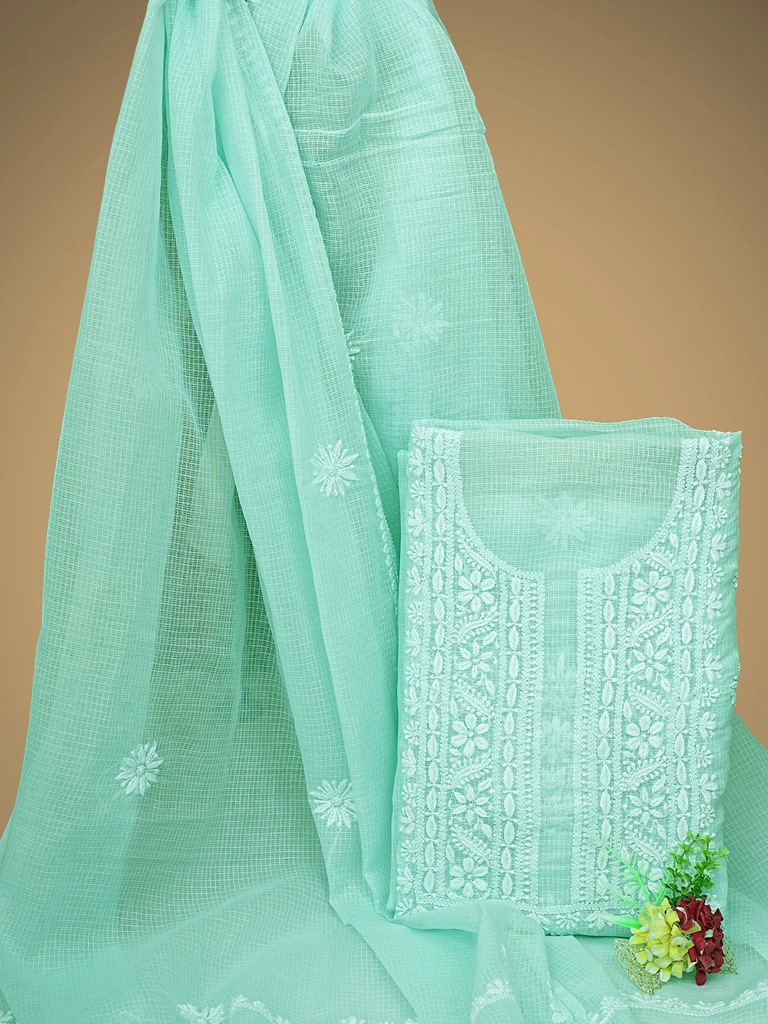 Ada Hand Embroidered Ice Blue Kota Lucknowi Chikankari Unstitched Kurta Dupatta Set 01A892911