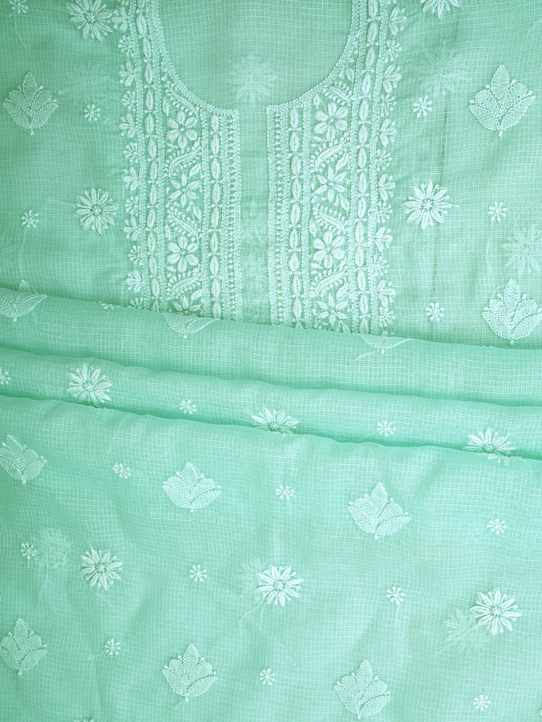 Ada Hand Embroidered Ice Blue Kota Lucknowi Chikankari Unstitched Kurta Dupatta Set 01A892911