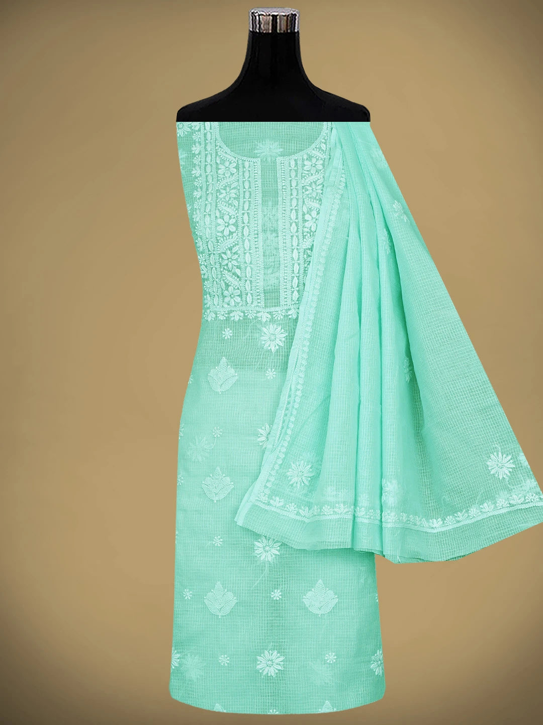 Ada Hand Embroidered Ice Blue Kota Lucknowi Chikankari Unstitched Kurta Dupatta Set 01A892911
