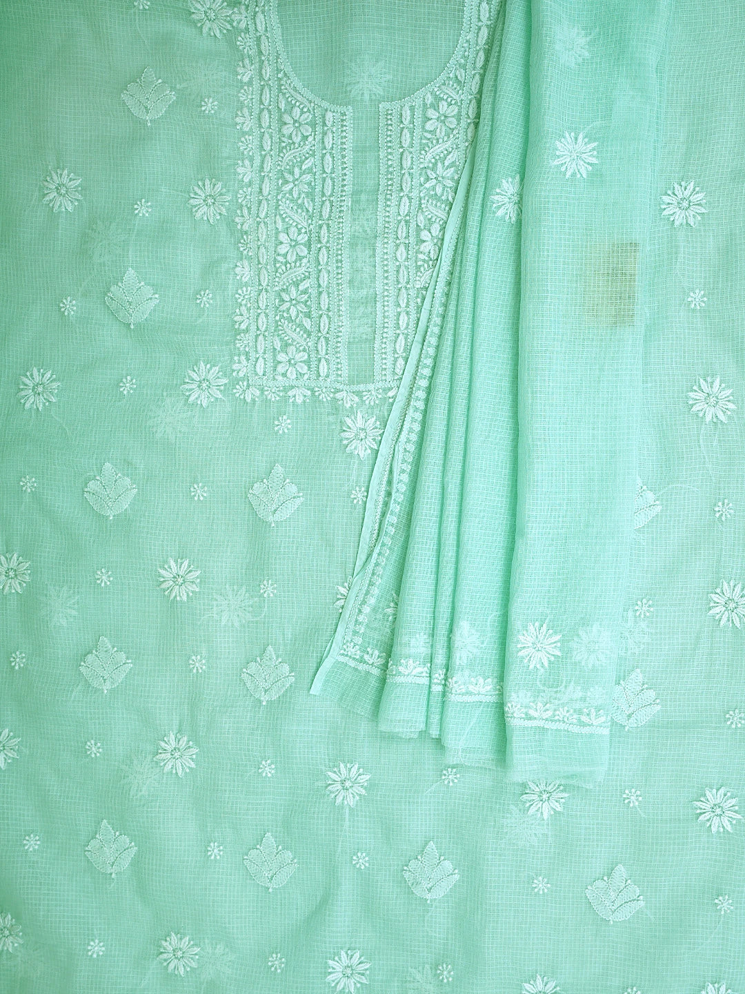 Ada Hand Embroidered Ice Blue Kota Lucknowi Chikankari Unstitched Kurta Dupatta Set 01A892911