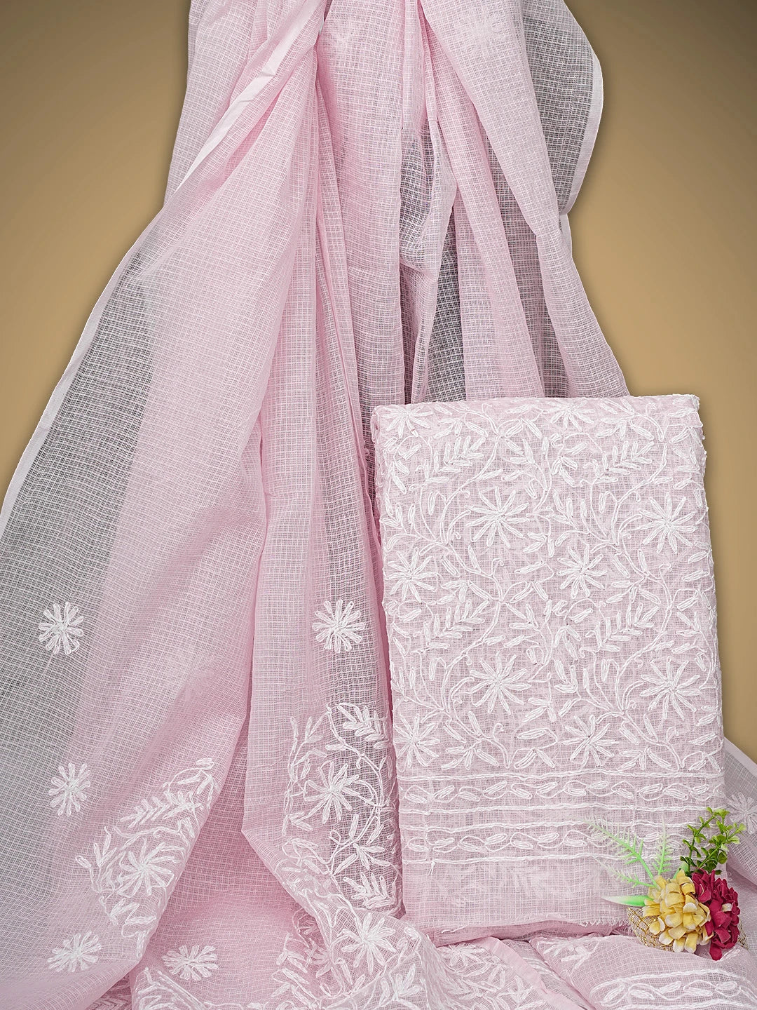 Ada Hand Embroidered Pink Kota Lucknowi Chikankari Unstitched Kurta Dupatta Set 01A870627