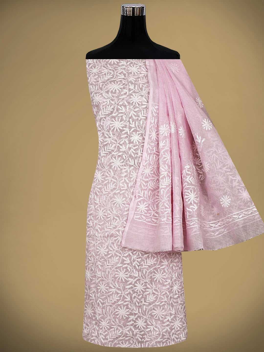 Ada Hand Embroidered Pink Kota Lucknowi Chikankari Unstitched Kurta Dupatta Set 01A870627