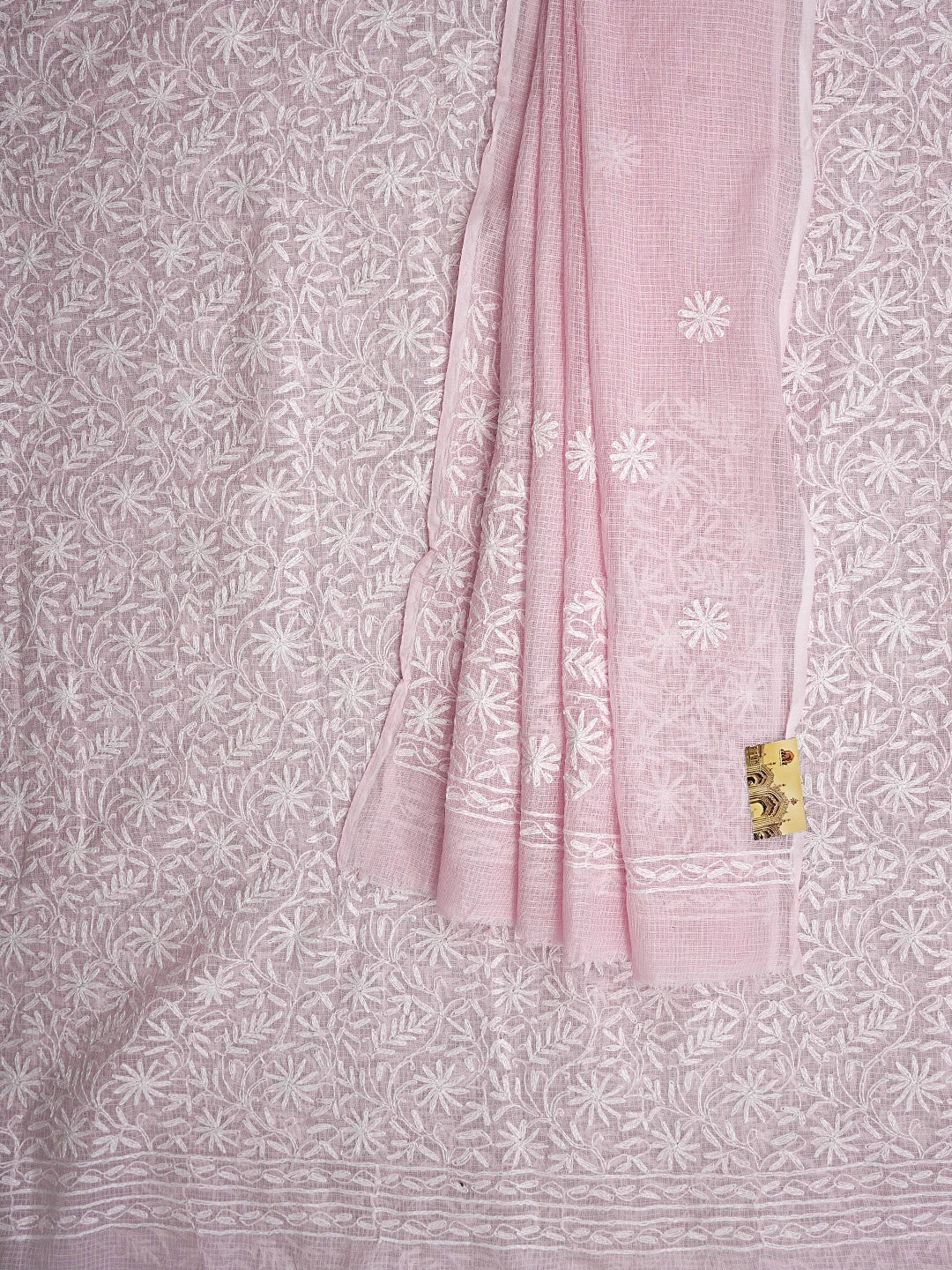 Ada Hand Embroidered Pink Kota Lucknowi Chikankari Unstitched Kurta Dupatta Set 01A870627