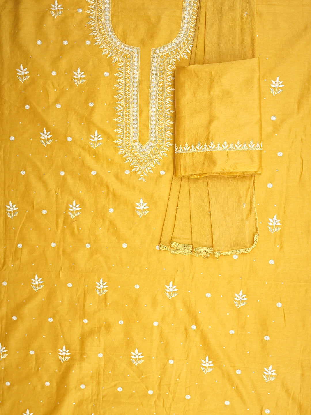 Ada Hand Embroidered Mustard Yellow Chanderi Lucknowi Chikankari Unstitched Suit Piece With Cutdana Work 01A805672