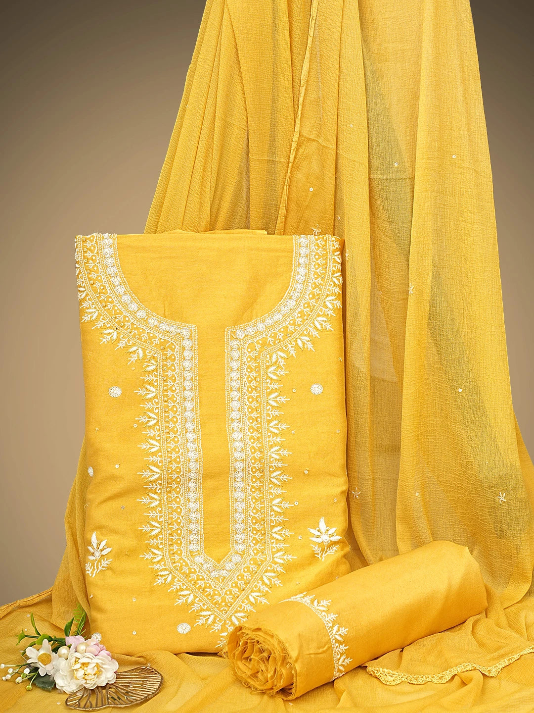 Ada Hand Embroidered Mustard Yellow Chanderi Lucknowi Chikankari Unstitched Suit Piece With Cutdana Work 01A805672