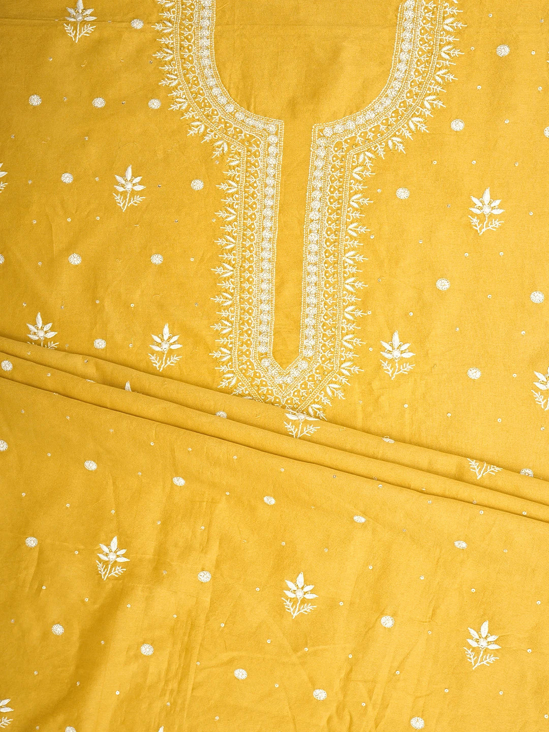 Ada Hand Embroidered Mustard Yellow Chanderi Lucknowi Chikankari Unstitched Suit Piece With Cutdana Work 01A805672