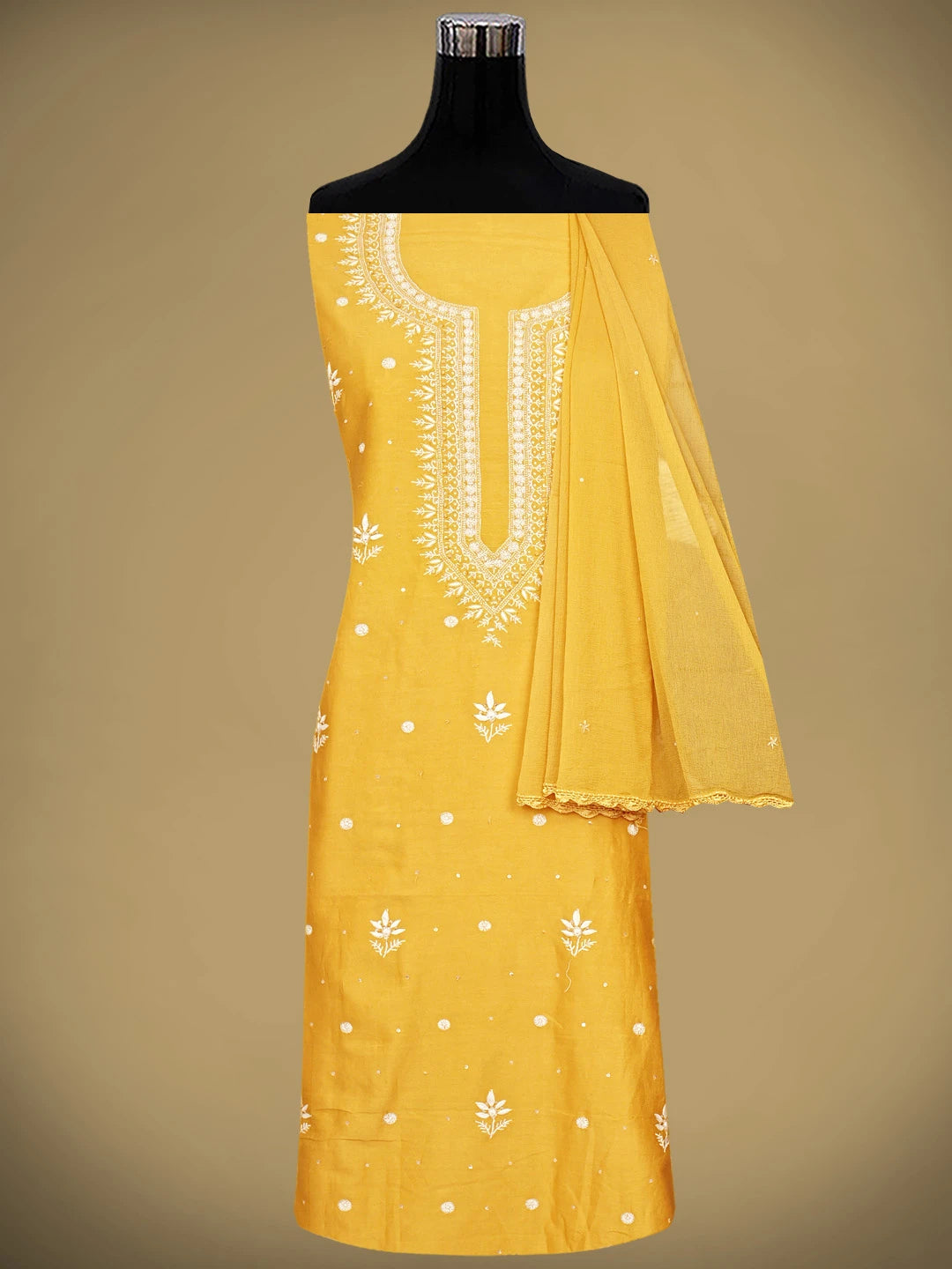 Ada Hand Embroidered Mustard Yellow Chanderi Lucknowi Chikankari Unstitched Suit Piece With Cutdana Work 01A805672
