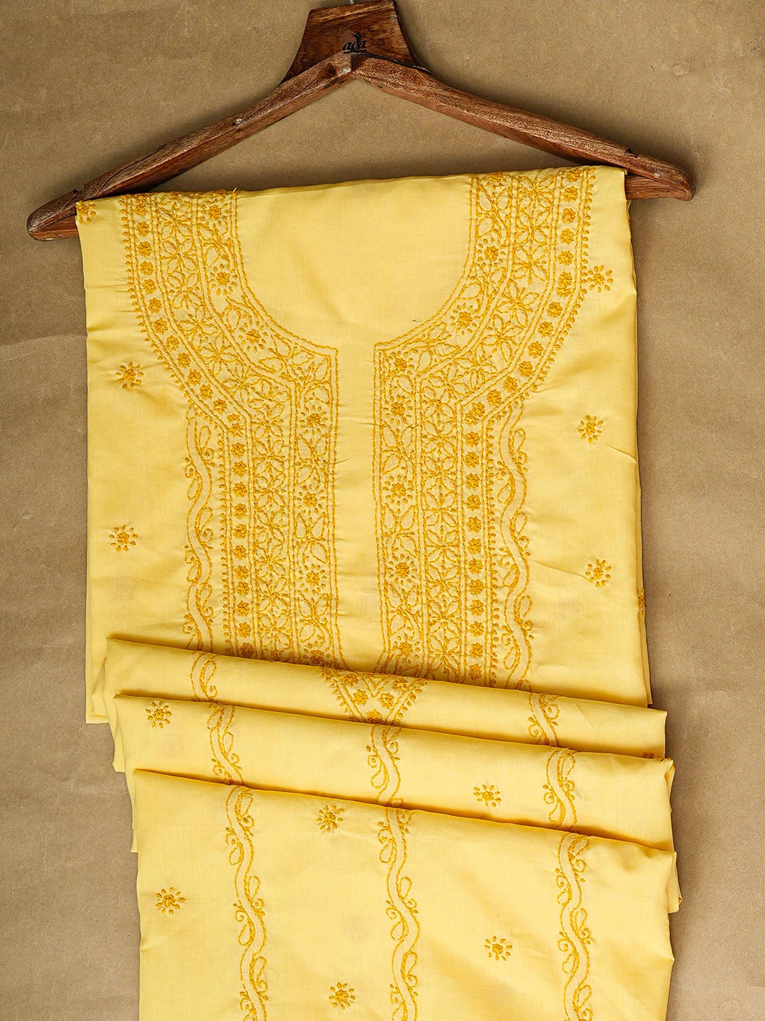 Ada Hand Embroidered Yellow Cotton Lucknowi Chikankari Unstitched Men's Kurta 01A939793