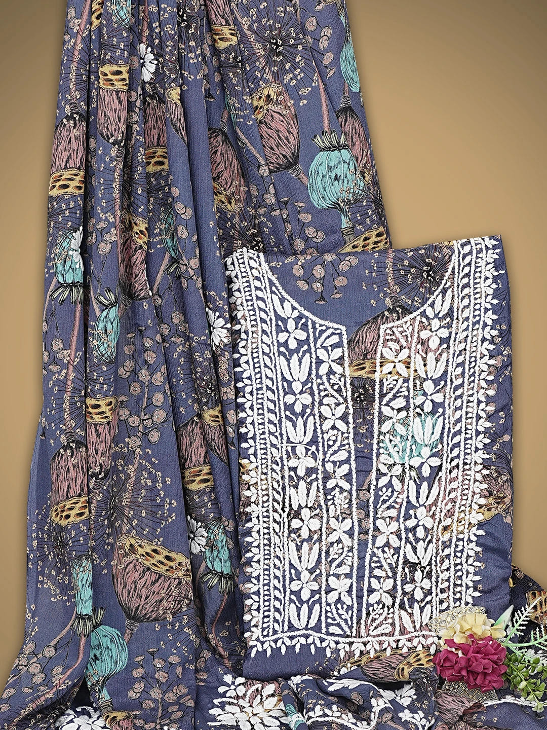 Ada Hand Embroidered Floral Printed Indigo Purple Crepe Lucknowi Chikankari Unstitched Kurta Dupatta Set 01A723040