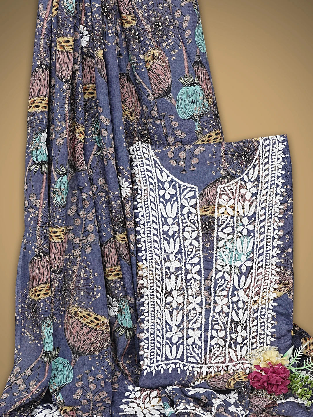 Ada Hand Embroidered Floral Printed Indigo Purple Crepe Lucknowi Chikankari Unstitched Kurta Dupatta Set 01A723040