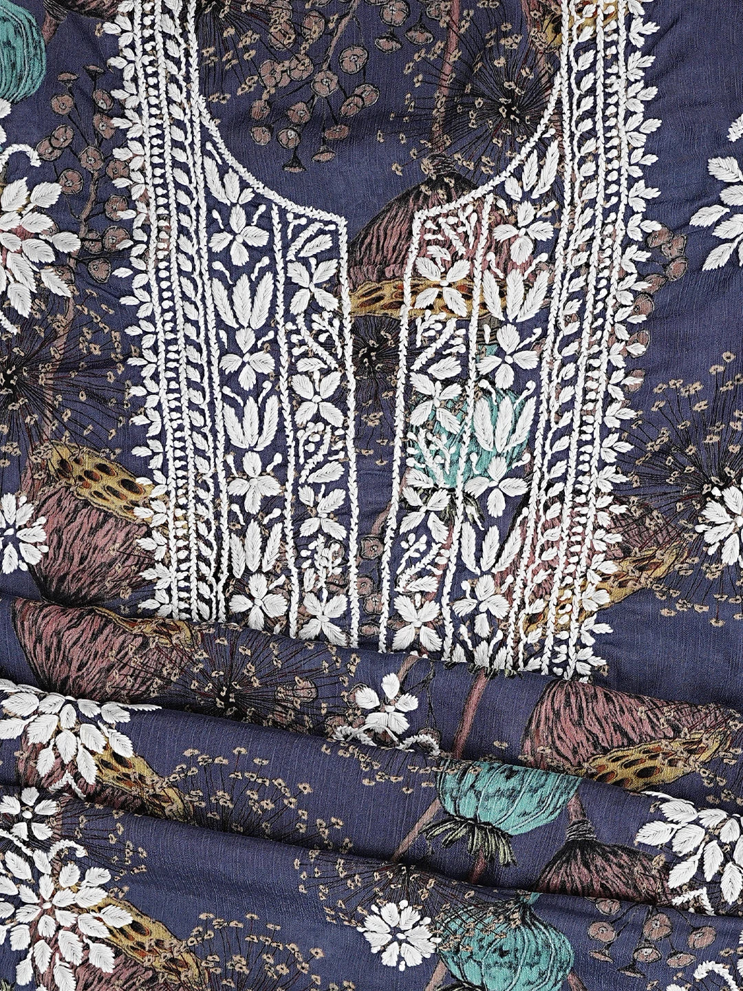 Ada Hand Embroidered Floral Printed Indigo Purple Crepe Lucknowi Chikankari Unstitched Kurta Dupatta Set 01A723040