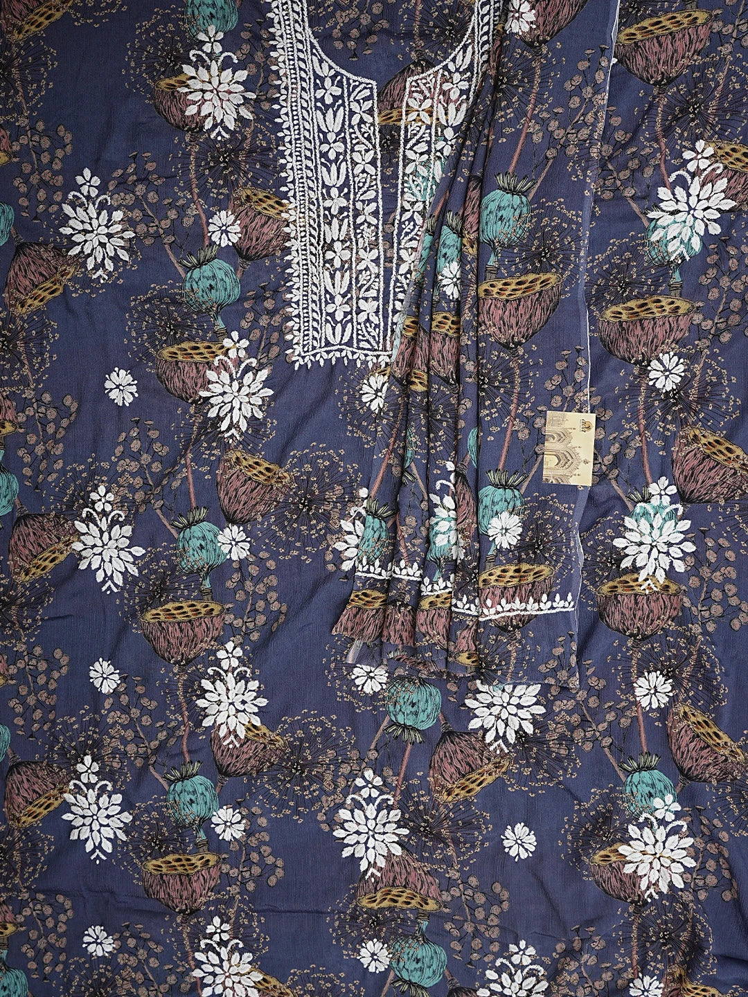 Ada Hand Embroidered Floral Printed Indigo Purple Crepe Lucknowi Chikankari Unstitched Kurta Dupatta Set 01A723040