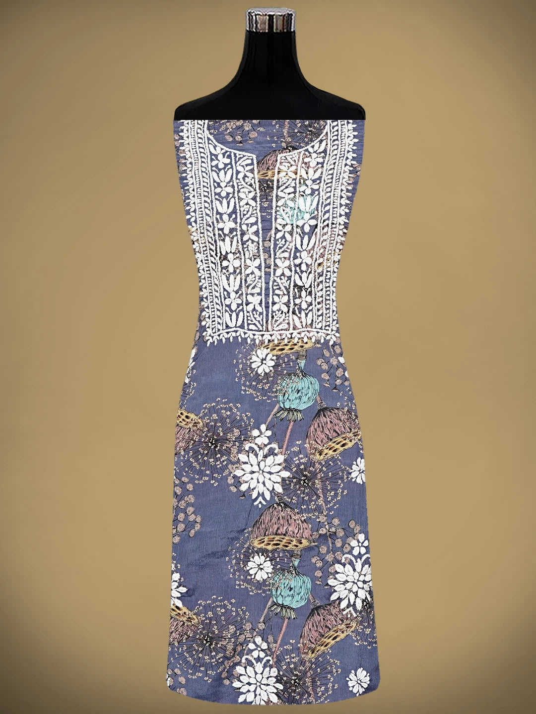 Ada Hand Embroidered Floral Printed Indigo Purple Crepe Lucknowi Chikankari Unstitched Kurta Dupatta Set 01A723040