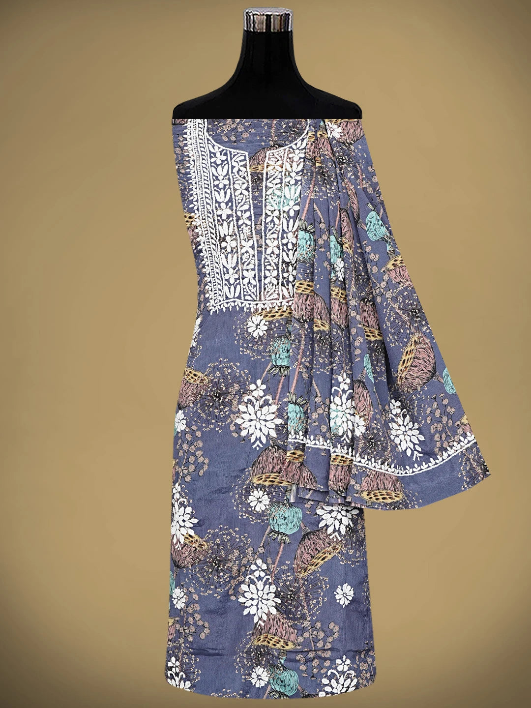 Ada Hand Embroidered Floral Printed Indigo Purple Crepe Lucknowi Chikankari Unstitched Kurta Dupatta Set 01A723040