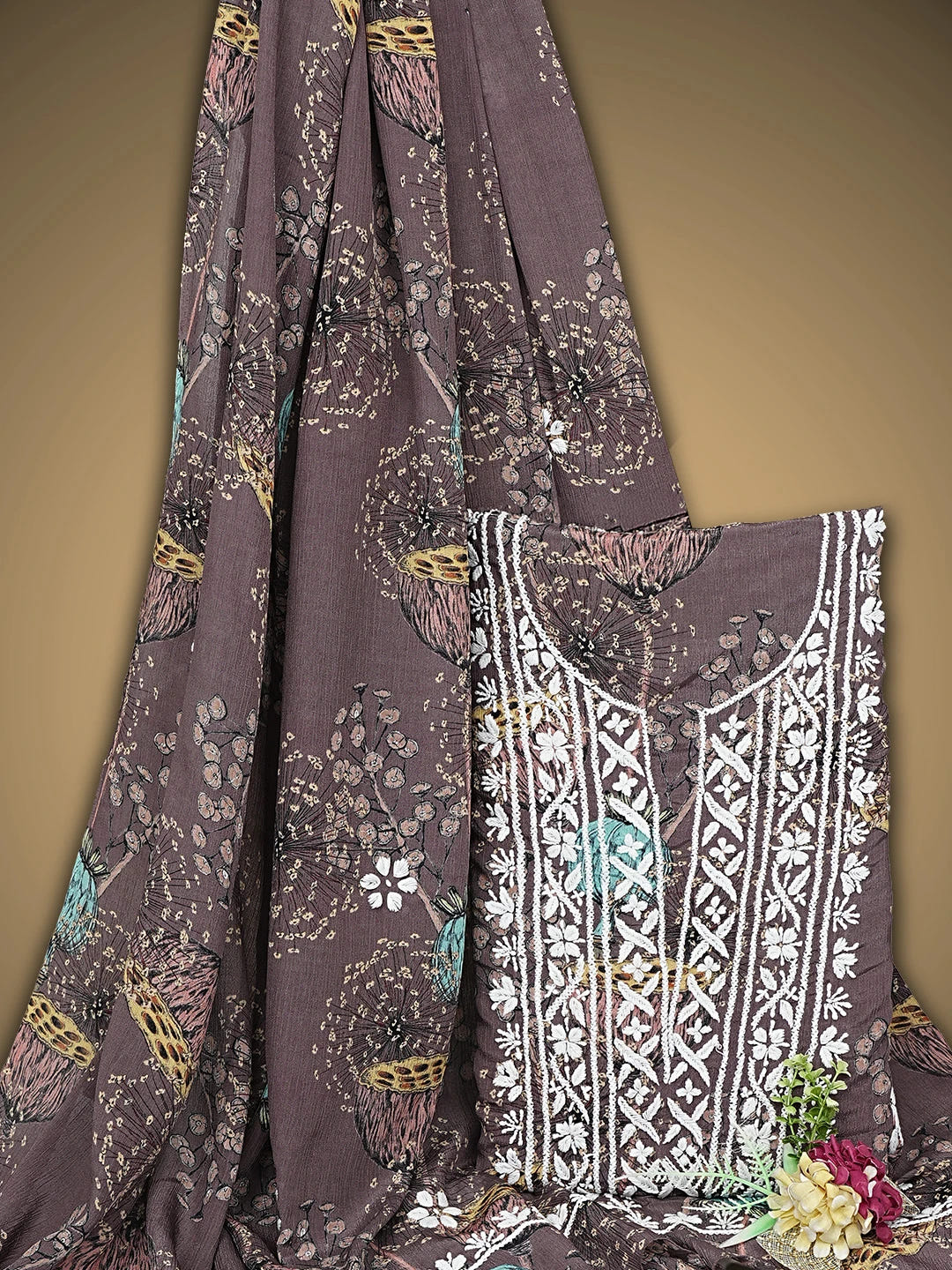 Ada Hand Embroidered Floral Printed Brown Crepe Lucknowi Chikankari Unstitched Kurta Dupatta Set 01A722838