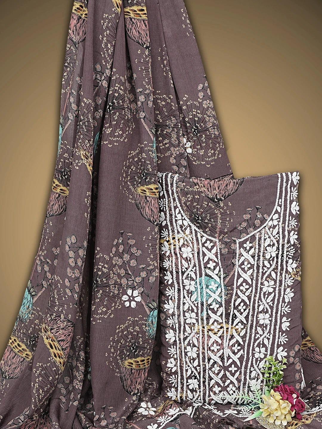 Ada Hand Embroidered Floral Printed Brown Crepe Lucknowi Chikankari Unstitched Kurta Dupatta Set 01A722838