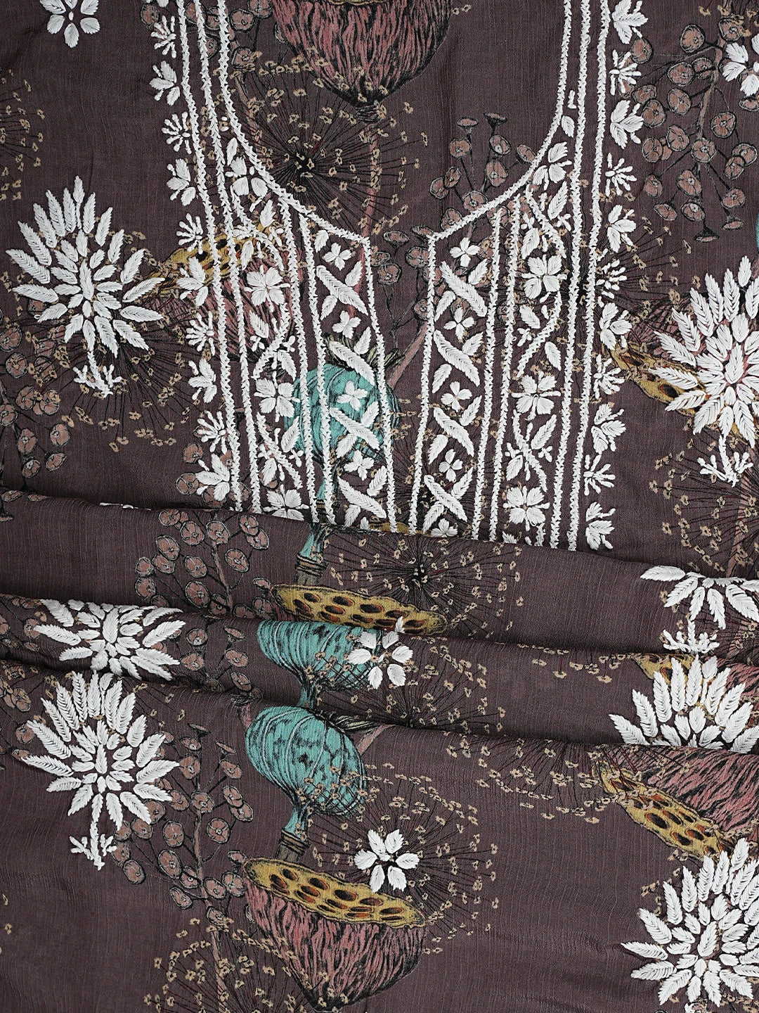 Ada Hand Embroidered Floral Printed Brown Crepe Lucknowi Chikankari Unstitched Kurta Dupatta Set 01A722838