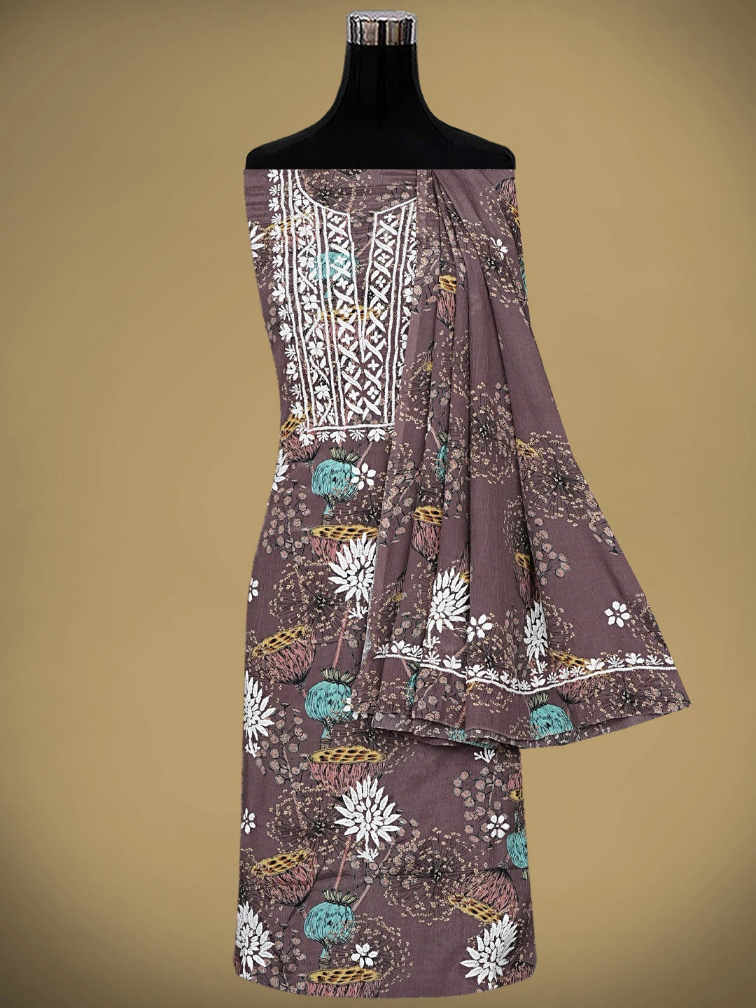 Ada Hand Embroidered Floral Printed Brown Crepe Lucknowi Chikankari Unstitched Kurta Dupatta Set 01A722838