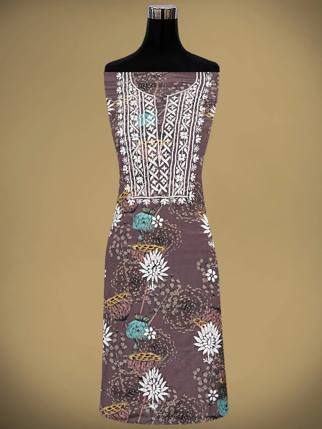 Ada Hand Embroidered Floral Printed Brown Crepe Lucknowi Chikankari Unstitched Kurta Dupatta Set 01A722838