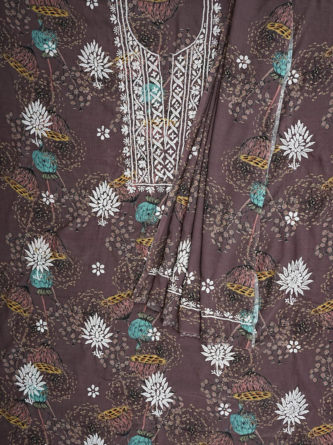 Ada Hand Embroidered Floral Printed Brown Crepe Lucknowi Chikankari Unstitched Kurta Dupatta Set 01A722838