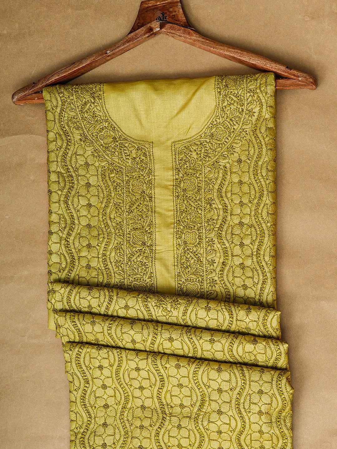 Ada Hand Embroidered Green Silk Lucknowi Chikankari Unstitched Men's Kurta 01A941937