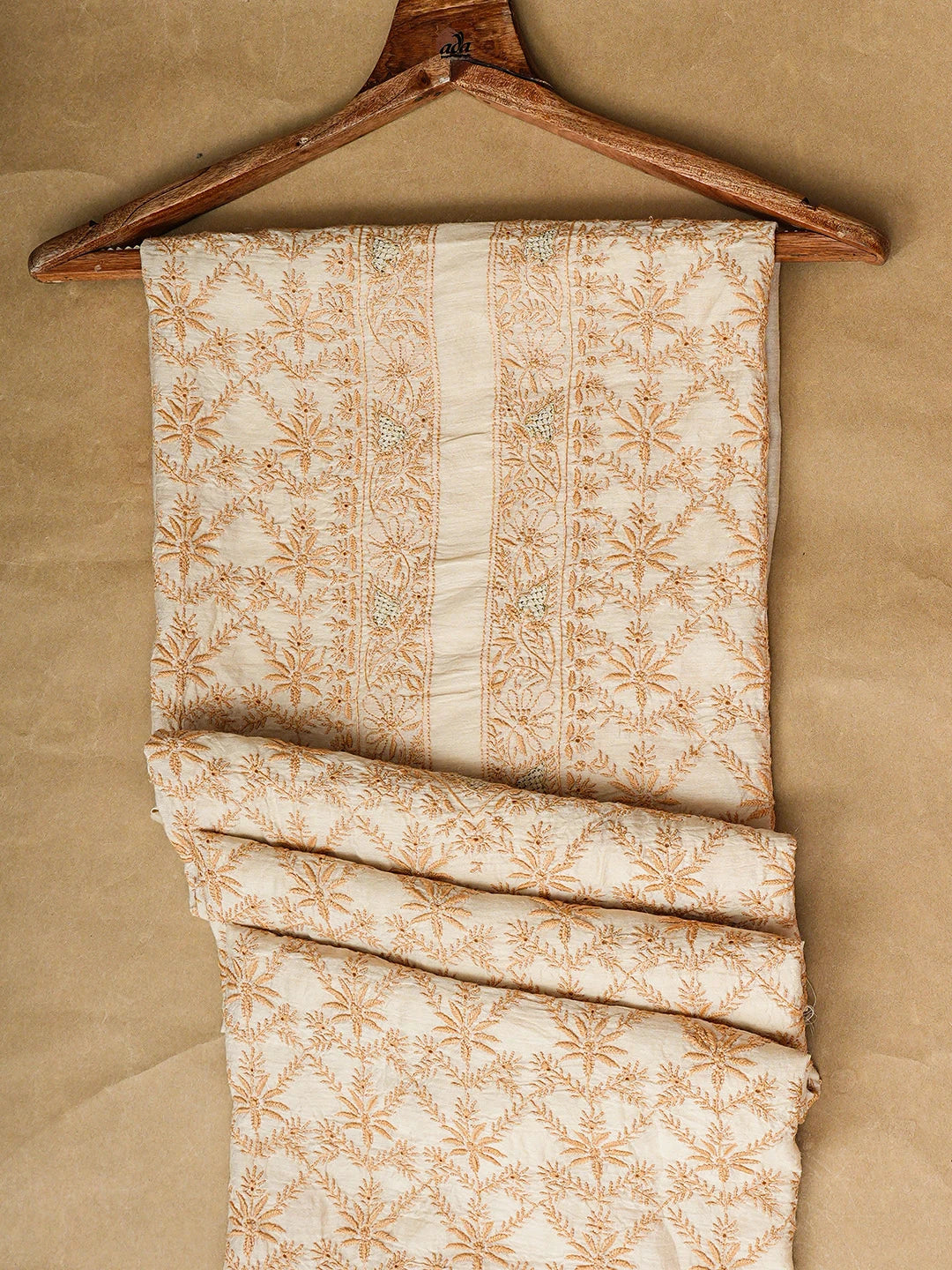 Ada Hand Embroidered Fawn Moonga Silk Lucknowi Chikankari Unstitched Men's Kurta Wiht Zari Taar Work 01A915865