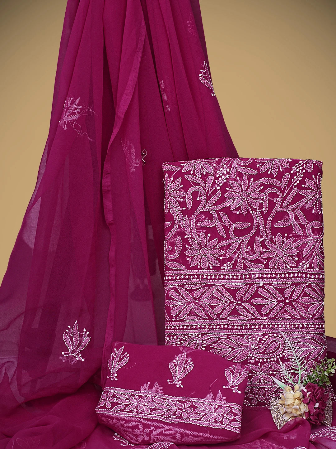 Ada Hand Embroidered Magenta Georgette Lucknowi Chikankari Unstitched Suit Piece 01A907721