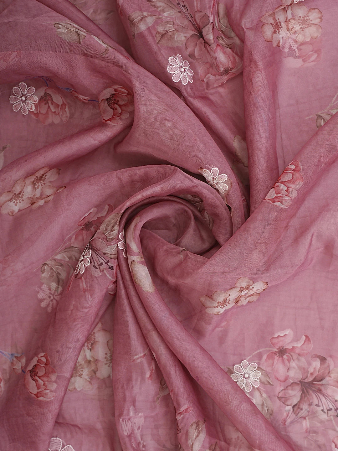Ada Hand Embroidered Floral Printed Onion Pink Organza Lucknowi Chikankari Unstitched Kurta Dupatta Set 01A876706