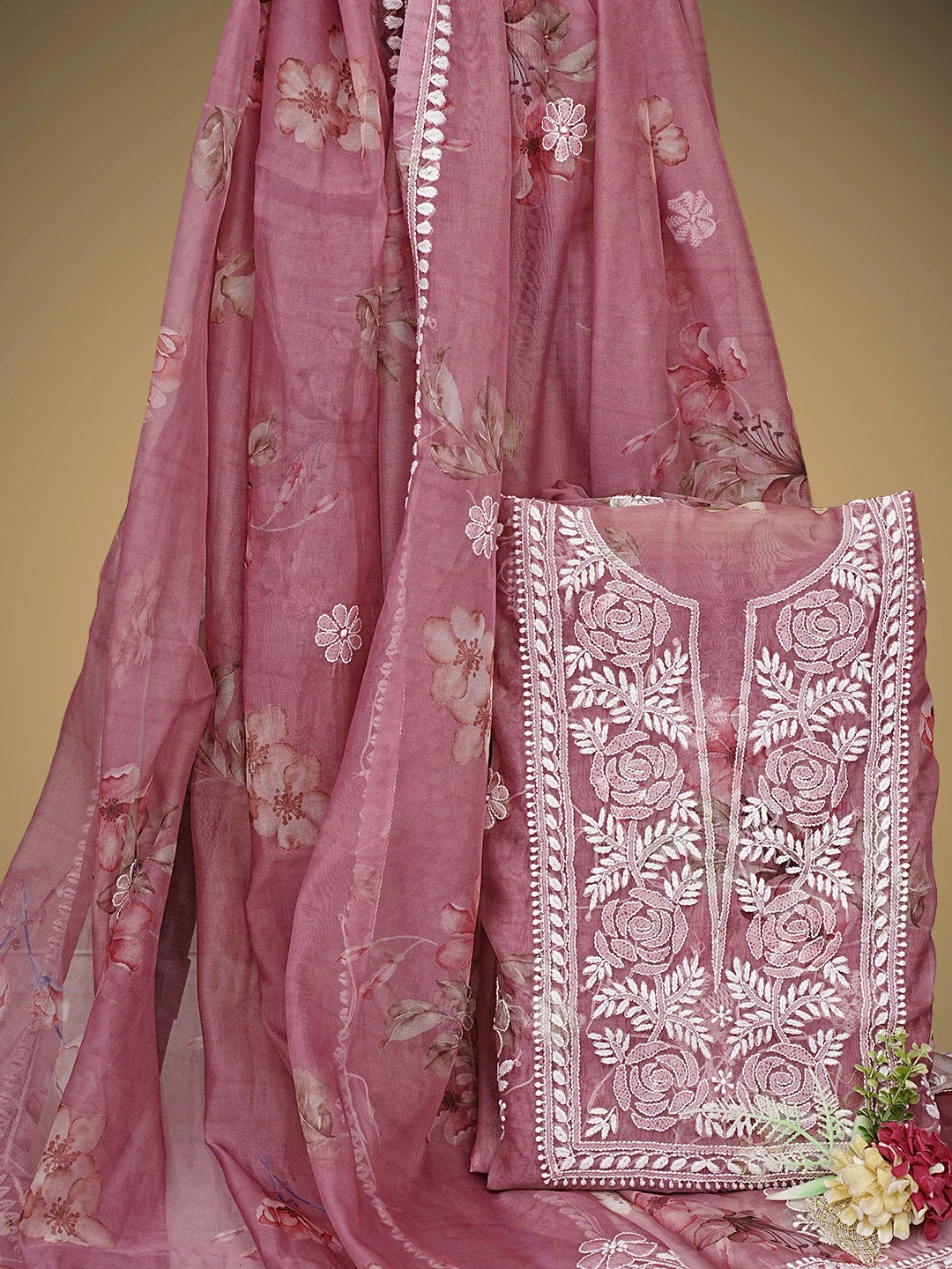 Ada Hand Embroidered Floral Printed Onion Pink Organza Lucknowi Chikankari Unstitched Kurta Dupatta Set 01A876706