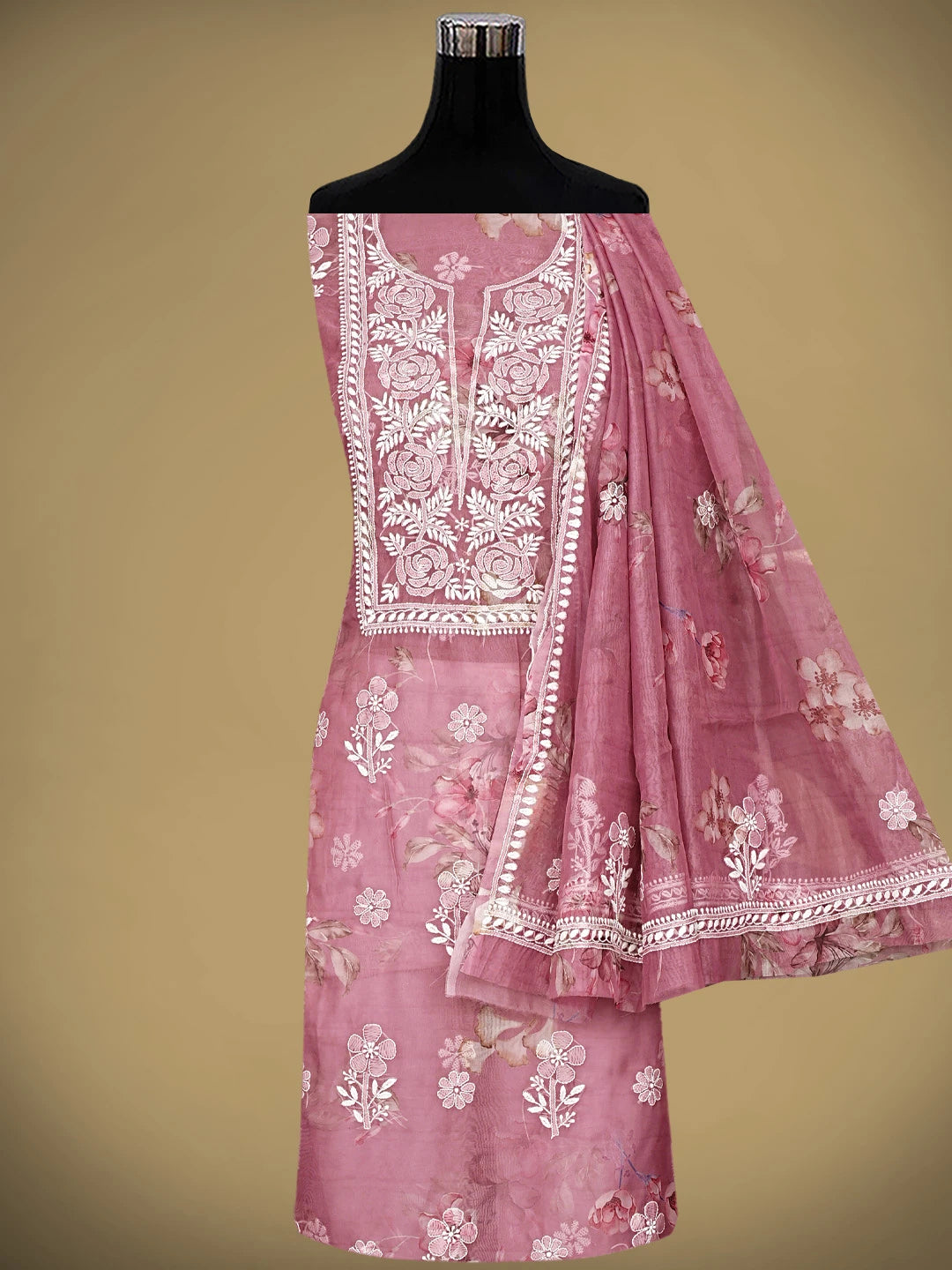 Ada Hand Embroidered Floral Printed Onion Pink Organza Lucknowi Chikankari Unstitched Kurta Dupatta Set 01A876706