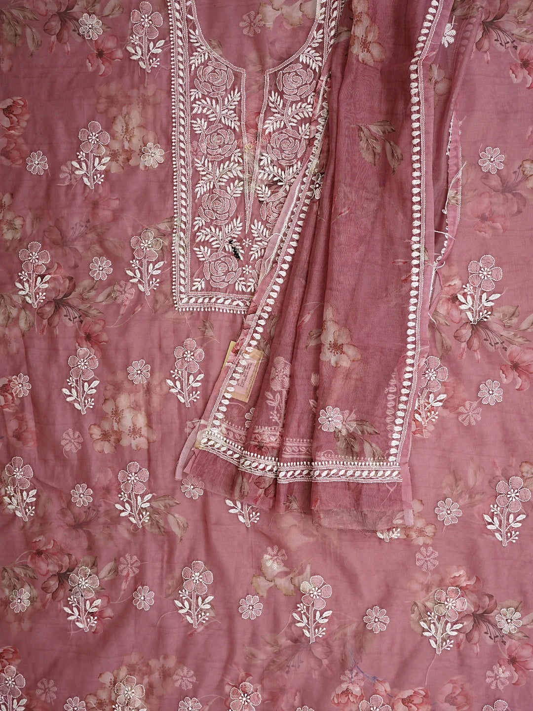 Ada Hand Embroidered Floral Printed Onion Pink Organza Lucknowi Chikankari Unstitched Kurta Dupatta Set 01A876706