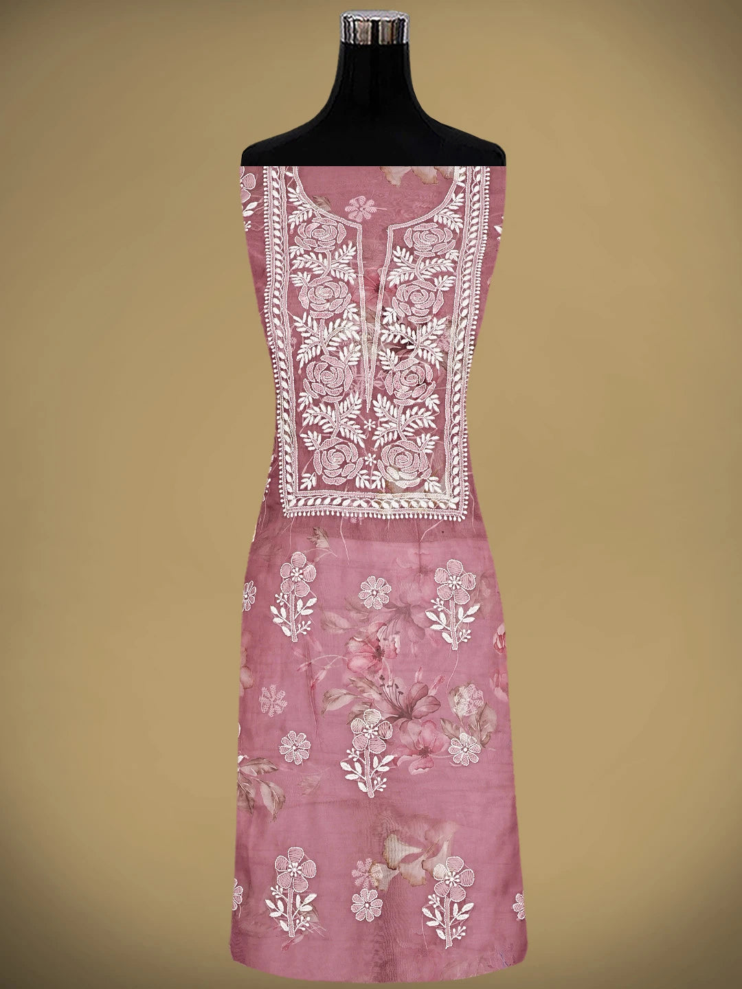 Ada Hand Embroidered Floral Printed Onion Pink Organza Lucknowi Chikankari Unstitched Kurta Dupatta Set 01A876706