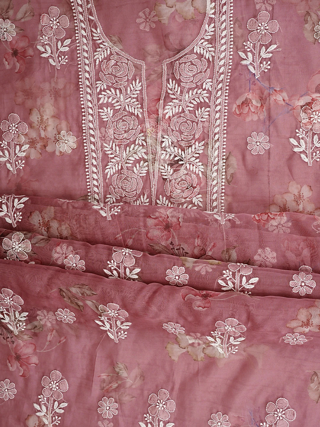 Ada Hand Embroidered Floral Printed Onion Pink Organza Lucknowi Chikankari Unstitched Kurta Dupatta Set 01A876706